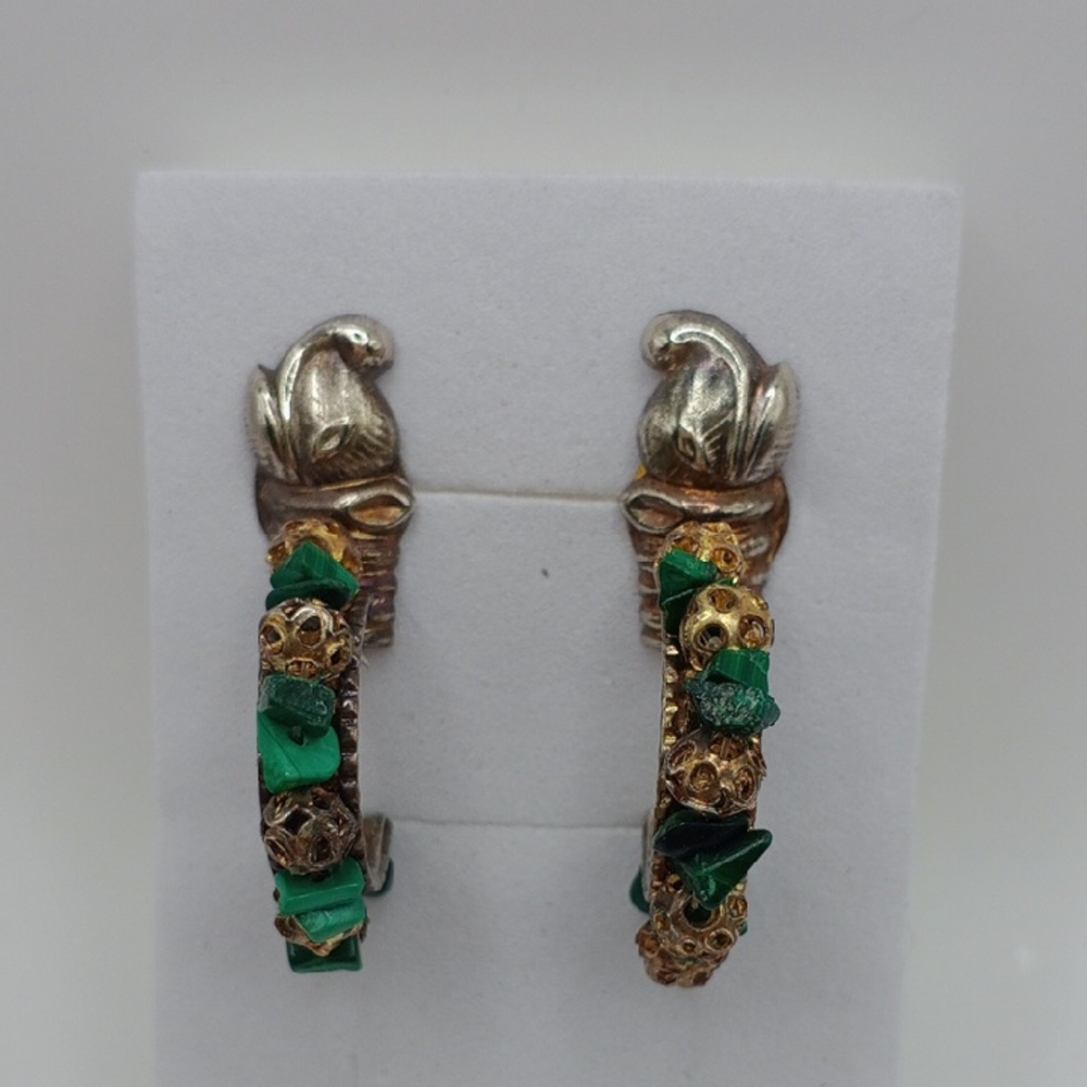 Gold ??? Plaited and Green Malachite Art Deco Earrings